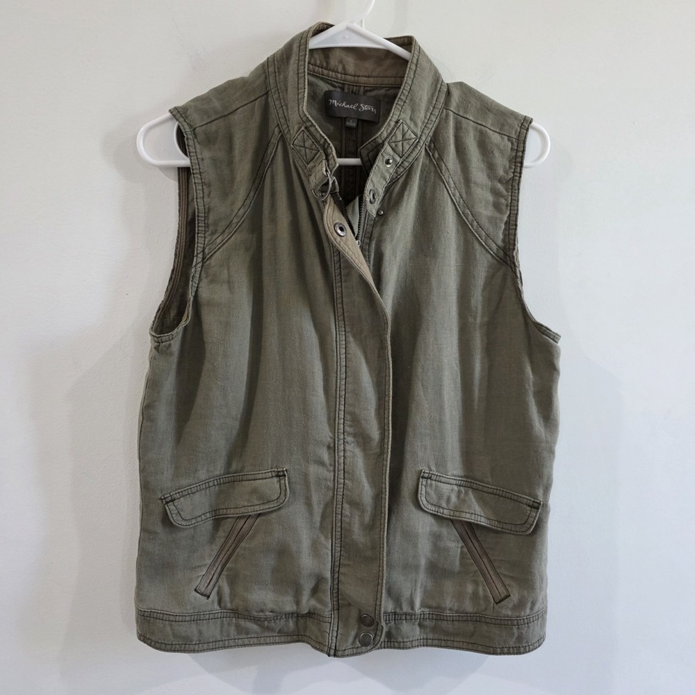 Michael Stars Womens‎ Linen Military Utility Vest Size Large Green Grunge Y2K